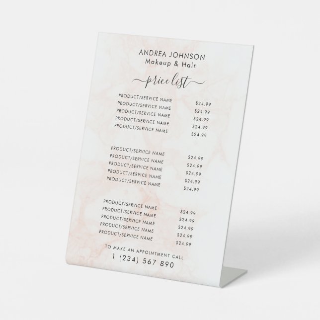 Blush Pink Marble Beauty Business Menu Price List Pedestal Sign (Front)