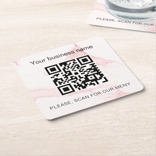 Blush pink marble business bar restaurant qr code square paper coaster (Angled)