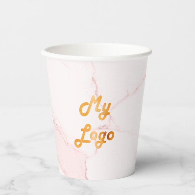 Blush pink marble business corporate logo qr code paper cups (Front)