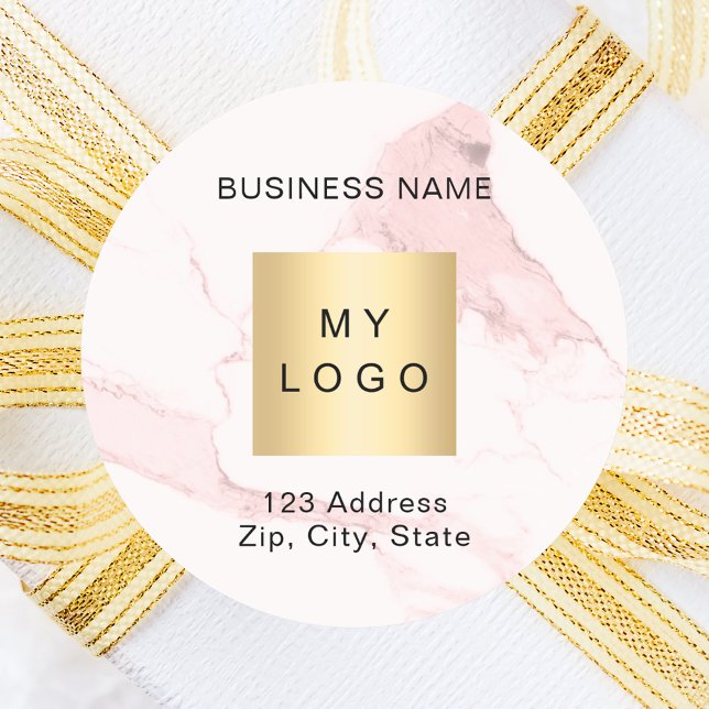 Blush pink marble business logo address classic round sticker (Creator Uploaded)