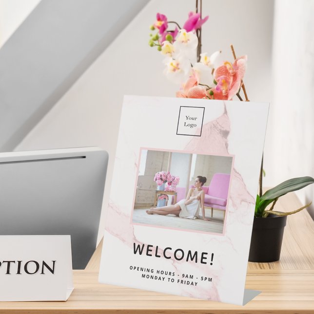 Blush pink marble business logo photo welcome pedestal sign (Creator Uploaded)