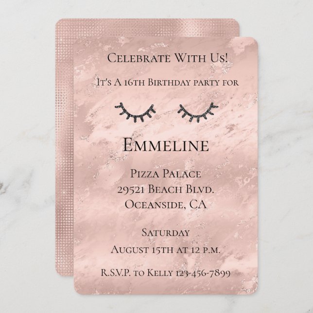 Blush Pink Marble Glitzy Black Glitter Eyelashes  Invitation (Front/Back)