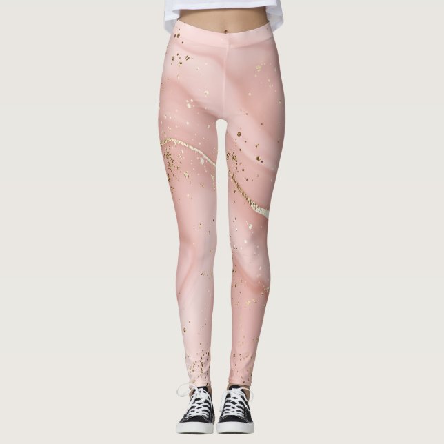 Blush Pink Marble Gold Glitter Abstract Pattern Leggings (Front)