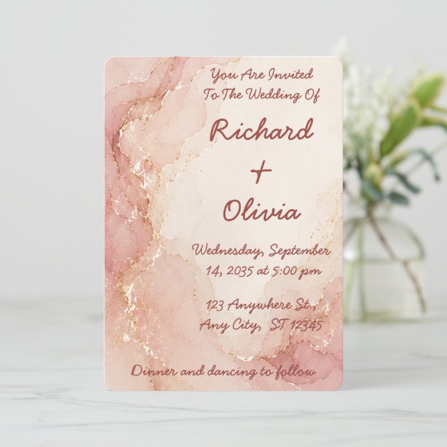 Blush Pink Marble Gold Wedding Invitation (Standing Front)