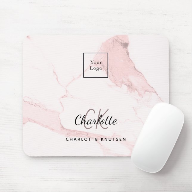 Blush pink marble monogram name business logo mouse pad (With Mouse)