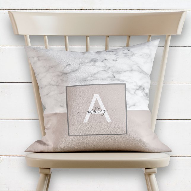 Blush Pink Marble Name Monogram Colorblock Cushion (Creator Uploaded)