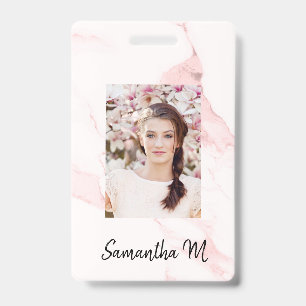 Blush pink marble photo name minimalist ID badge