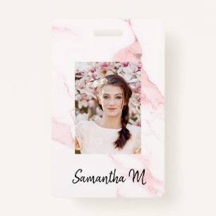 Blush pink marble photo name minimalist ID badge