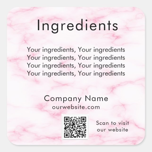 Blush pink marble product ingredient qr code label (Front)
