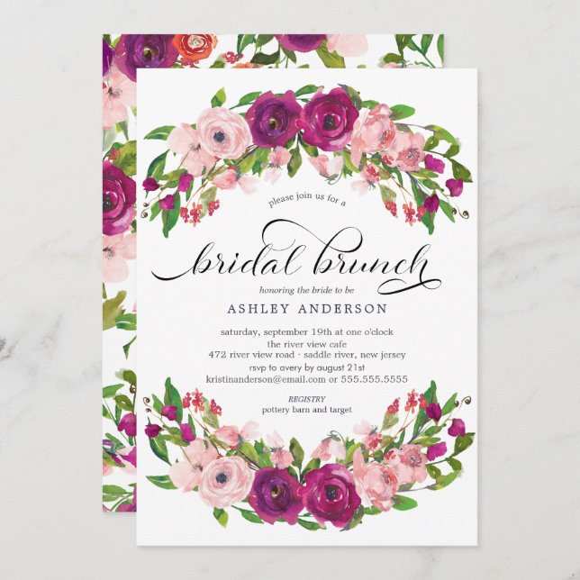 Blush Pink & Marsala Floral Bridal Shower Brunch Invitation (Front/Back)
