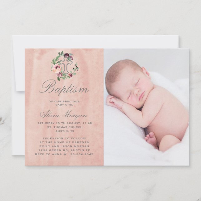 blush pink marsala floral elegant baptism invitation (Front)