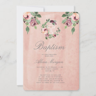 blush pink marsala floral elegant baptism invitation