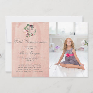 blush pink marsala floral first communion invitation