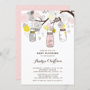 Blush Pink Mason Jars Floral Baby Blessing Invitation