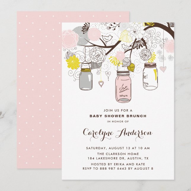 Blush Pink Mason Jars Floral Baby Shower Brunch Invitation (Front/Back)