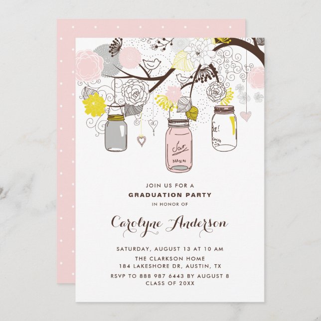 Blush Pink Mason Jars Floral Graduation Party Invitation (Front/Back)