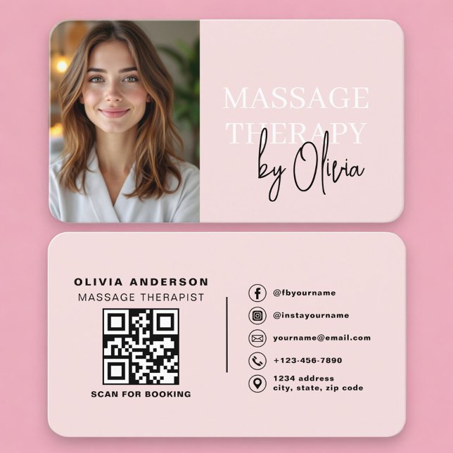Blush Pink Massage Therapist QR Code Business Card (Creator Uploaded)