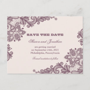Blush Pink & Mauve Vintage Lace Save the Date Announcement Postcard