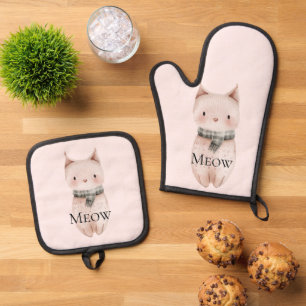 Blush Pink Meow Cat Oven Mitt & Pot Holder Set