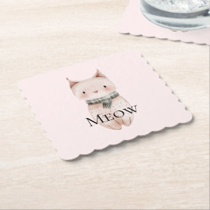 Blush Pink Meow Christmas Cat Deer Snowman Paper Coaster
