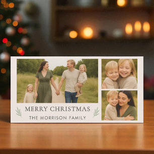 Blush Pink Merry Christmas 3 Photo Botanical Holiday Card