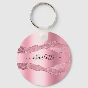 Blush pink metal agate marble name script key ring