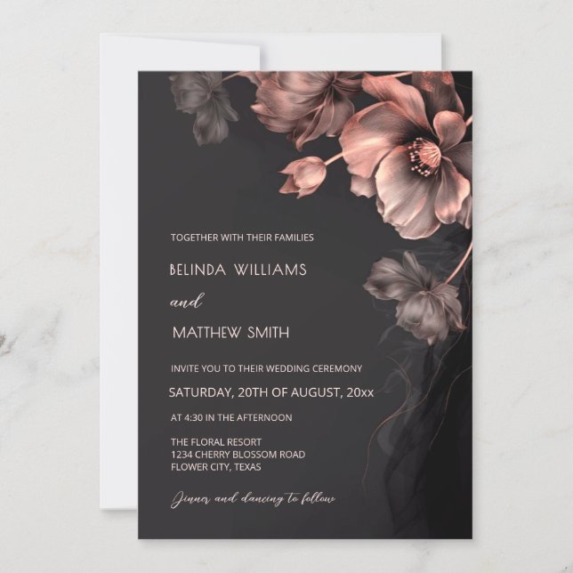 Blush Pink Metallic 3 D Flowers Wedding Invitation (Front)