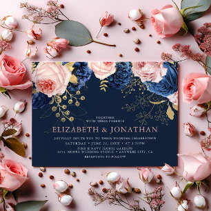 Blush Pink & Midnight Navy Florals Elegant Wedding Invitation