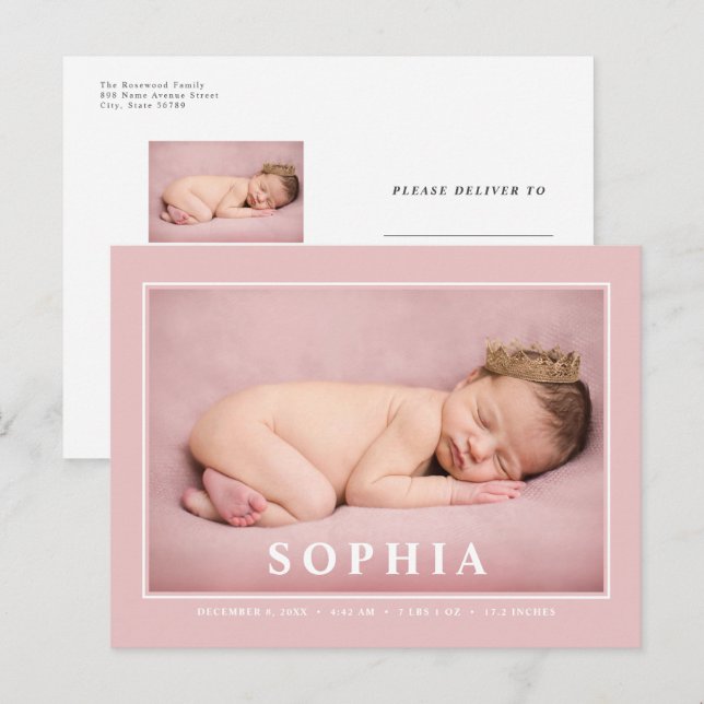 Blush Pink Minimalist Baby Girl Birth Announcement Postcard (Front/Back)