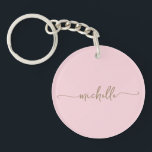 Blush Pink Minimalist Gold Monogram Name Script Key Ring<br><div class="desc">Elegant Blush Pink Sophisticated Girly Gold Monogram Name Script Custom Personalised Keychain. These Simple Minimalist design featuring your first name in a pretty hand lettered style swash tail font signature typography script in gold colour on light baby pink or blush pink colour background. So easy to customise. Great stylish feminine...</div>