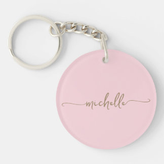 Blush Pink Minimalist Gold Monogram Name Script Key Ring