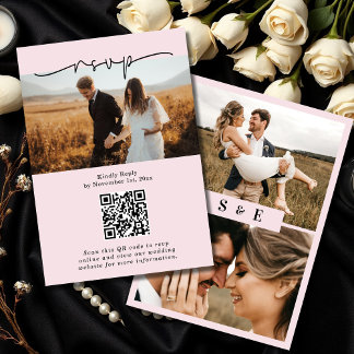 Blush Pink Minimalist Script QR code Photo Wedding RSVP Card