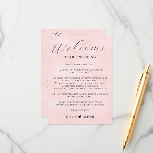 Blush pink minimalist wedding weekend itinerary enclosure card (Front/Back In Situ)