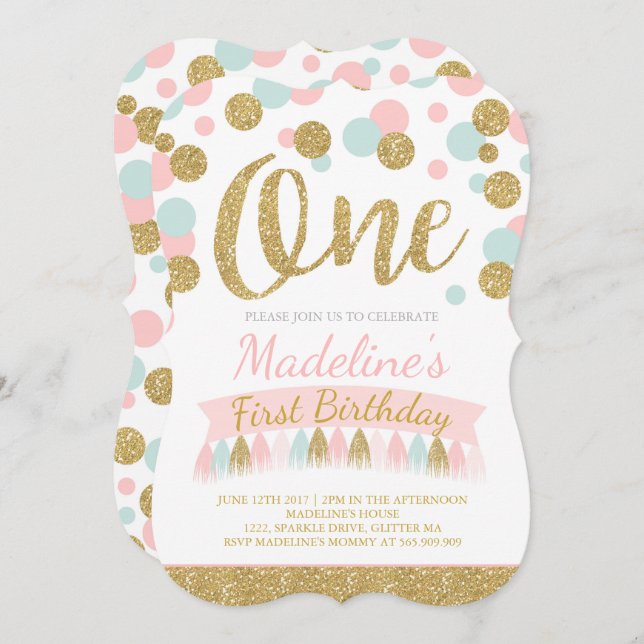 Blush Pink Mint And Gold 1st Birthday Invitation (Front/Back)