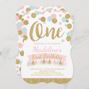 Blush Pink Mint And Gold 1st Birthday Invitation