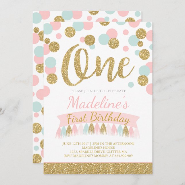 Blush Pink Mint And Gold 1st Birthday Invitation (Front/Back)