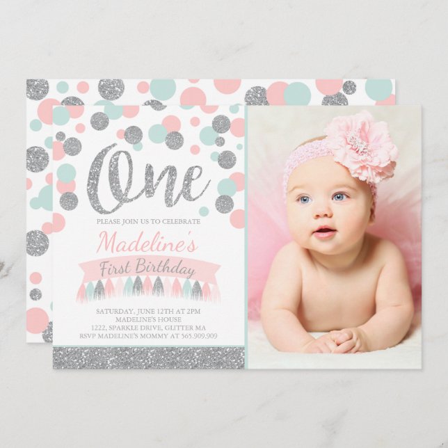 Blush Pink Mint And Silver 1st Birthday Invitation (Front/Back)