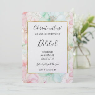 Blush Pink Mint Flowers Birthday Invitation