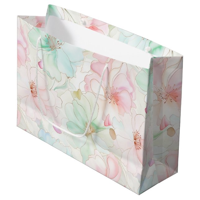 Blush Pink Mint Flowers Birthday Large Gift Bag (Front Angled)