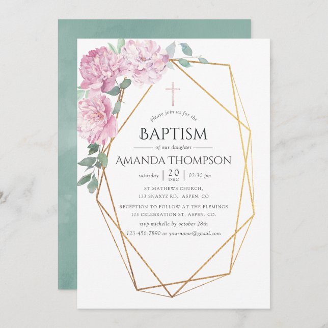 Blush Pink & Mint Geometric Baptism or Christening Invitation (Front/Back)