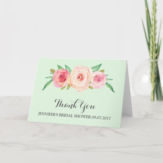 Blush Pink Mint Green Bridal Shower Thank You Card (Front)