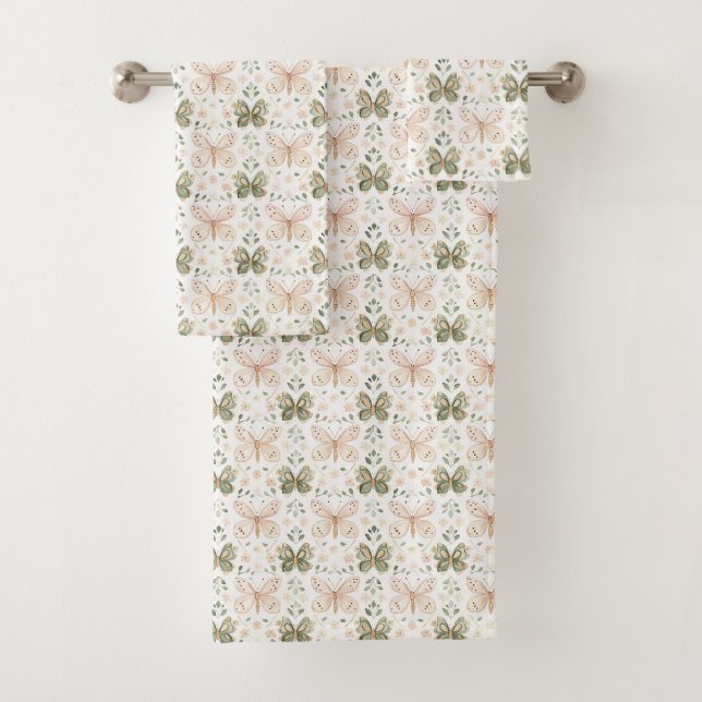 Blush Pink Mint Green Butterflies  Bath Towel Set (Insitu)