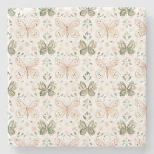 Blush Pink Mint Green Butterflies  Stone Coaster