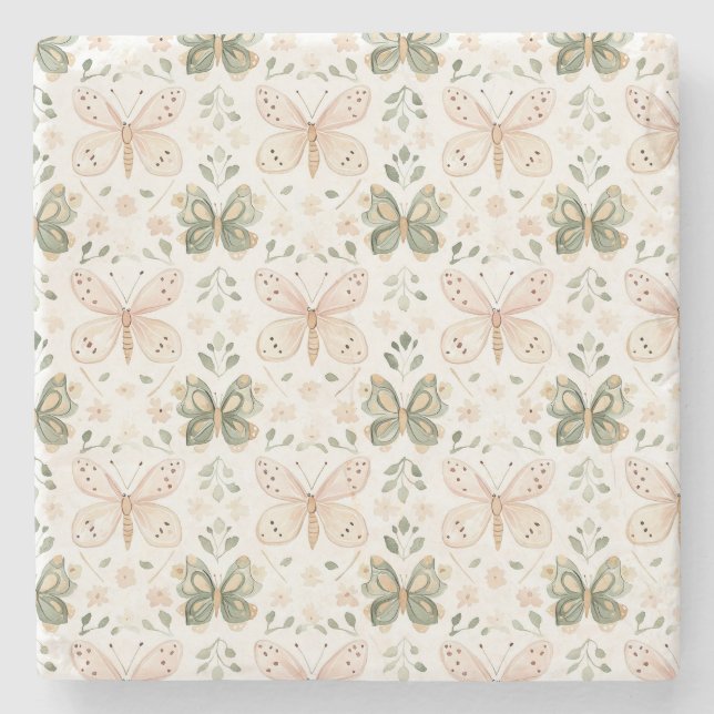 Blush Pink Mint Green Butterflies  Stone Coaster (Front)