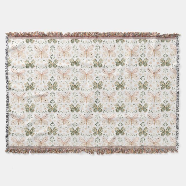 Blush Pink Mint Green Butterflies  Throw Blanket (Front)