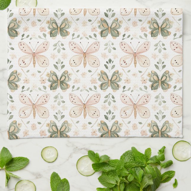 Blush Pink Mint Green Butterfly Tea Towel (Folded)