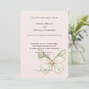 Blush Pink Mint Green Gold Butterfly Wedding Invitation
