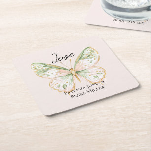Blush Pink Mint Green Gold Butterfly Wedding Square Paper Coaster