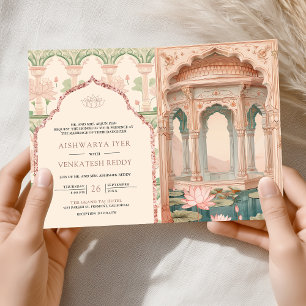 Blush Pink Mint Green Lotus Garden Indian Wedding Invitation