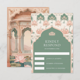 Blush Pink Mint Green Lotus Garden Indian Wedding RSVP Card